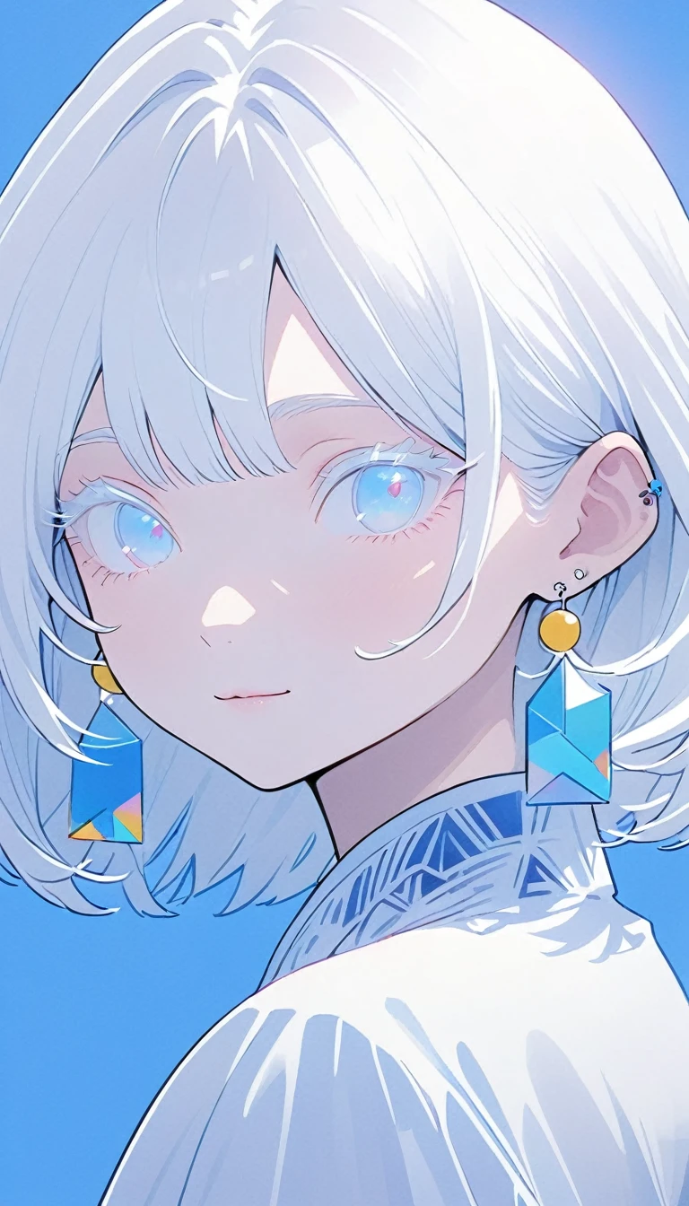 The Minimalists,Fashion Girl,White hair,Blue Background,Wearing special earrings,Bohemian style,Clear eyelashes,Bright blue eyes,Clean and transparent eyes,closure,Smiley face flat illustration,geometry,Clean,Japanese Manga