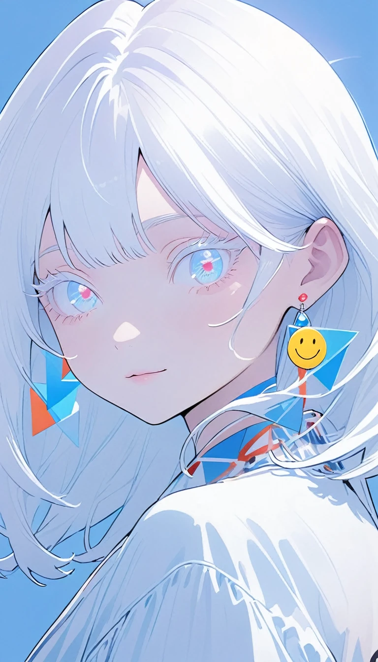 The Minimalists，Fashion Girl，White hair，Blue Background，Wearing special earrings，Bohemian style，Clear eyelashes，Bright blue eyes，Clean and transparent eyes，closure，Smiley face flat illustration，geometry，Clean，Japanese Manga