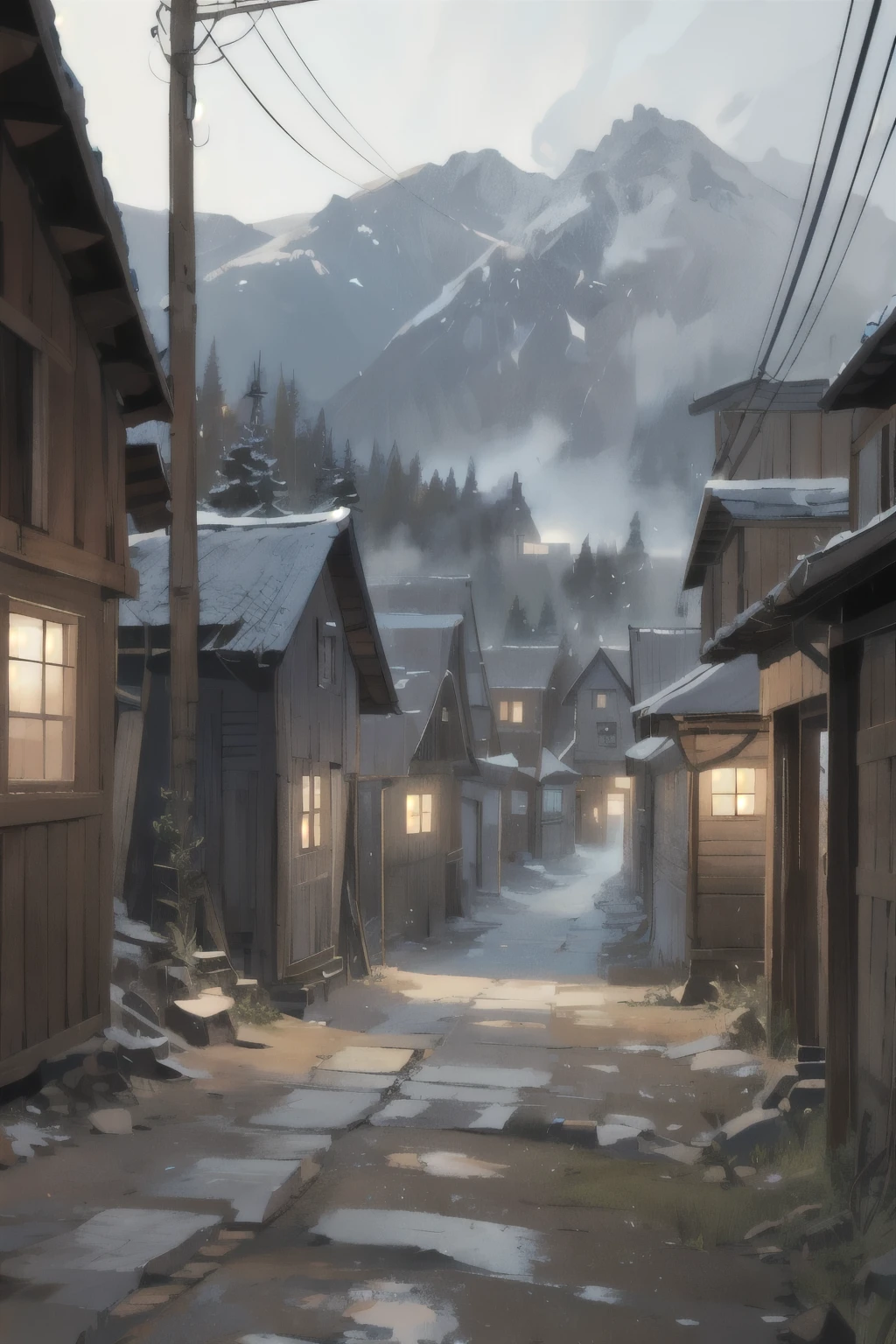 Poor streets of small mountain villages, Villagers, Old houses, very detailled, natta, grimdark, terrifying, neglect