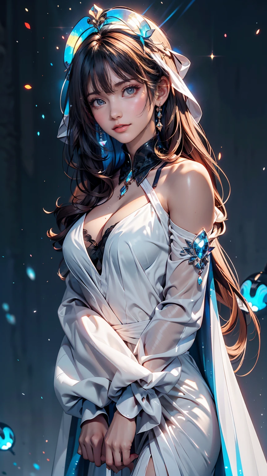 masterpiece, Highest quality, Julia Fe, One girl, alone, Long Hair, View your viewers, blush, smile, Negative Space, (Bioluminescence:1.2), darkness, Dark Background, Long sleeve, dress, Exposing shoulders, Medium chest, very Long Hair, Wide sleeves, Cape, white dress, Circlet