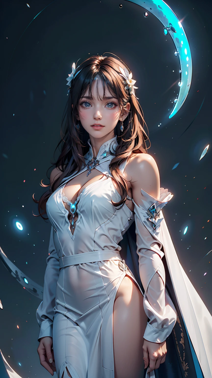 masterpiece, Highest quality, Julia Fe, One girl, alone, Long Hair, View your viewers, blush, smile, Negative Space, (Bioluminescence:1.2), darkness, Dark Background, Long sleeve, dress, Exposing shoulders, Medium chest, very Long Hair, Wide sleeves, Cape, white dress, Circlet