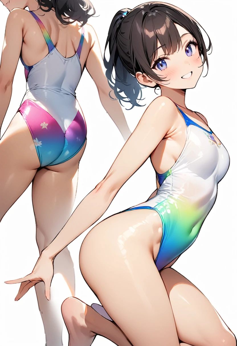 (masterpiece:1.2),Highest quality,Pixiv ,One girl,alone,View your viewers,smile,White background only,whole body,From the side,One knee,,Look to the side、white background only、Gymnastics leotard, Floral print leotard,A leotard with glittering embellishments,athletic leotard,tight-fitting leotard,Rainbow gradient leotard),Slender body,slim,Gymnastics Club,Gymnast,Princess, Beautiful Eyes,軽いsmile,、No background