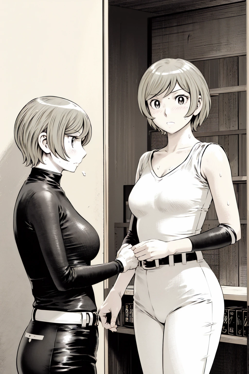 、(masterpiece、Highest quality)、Highest quality, Ultra-high resolution, (((masterpiece))), alone, Sweat、Big eyes,Tight black shirt、Tight white pants、belt、indoor、Composition from the front、(Cut the back hair short、short hair、blonde、woman)、Shortcuts、Embarrassed face、Cut your hair short、可愛いwomanの子、Big Breasts、office