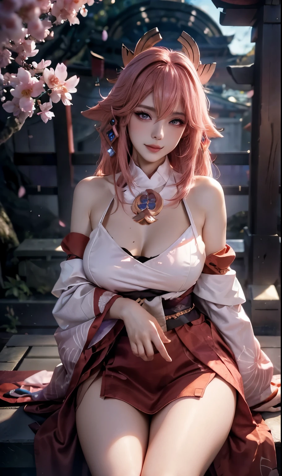 Yae Miko /(Genshin Impact/), anime style, 1girl, anime style, (masterpiece:1.35),(bestquality:1.4), 8k,ultra-detailed, Focused photography, (ultra-realistic:1.4), Realistic Photo, film grain, Fujifilm XT3, (depth of field)!!, female focus, mature female, (sexy Asian female:1.45), adult, ultra white skin, delicate face, delicate skin, realistic skin, make over face, (looking at viewer)!!, bare shoulders, blush, closed mouth, seductive smile, fresh lips, detached sleeves, earrings, fingernails, hair between eyes, mocha hair bangs, (ultra shine pink hair)!!, very long hair, detailed realistic hair, japanese clothes, kimono clothes, detailed realistic clothes, jewelry, detailed jewelry, neck garter, necklace, plump breasts, (breast cleavage)!!, super seductive temptation, open skirt, slim legs, petticoat, fishnet legs, stockigs, smooth thighs cleavage, garter thighs, armpit, erotic, nontraditional Yae Miko, (sharp eyes)!!, (eye's pupils colored by Purple:1.25)!!, (homochromatic eyes)!!, (exposed eyes)!!, (flower plain)!!, (leaning against a single tree)!!, waterfall, There are birds in the sky, There are butterflies, japanese shrine, The sky is blue, Yae Miko \(Genshin Impact\), (correct anatomically)!!