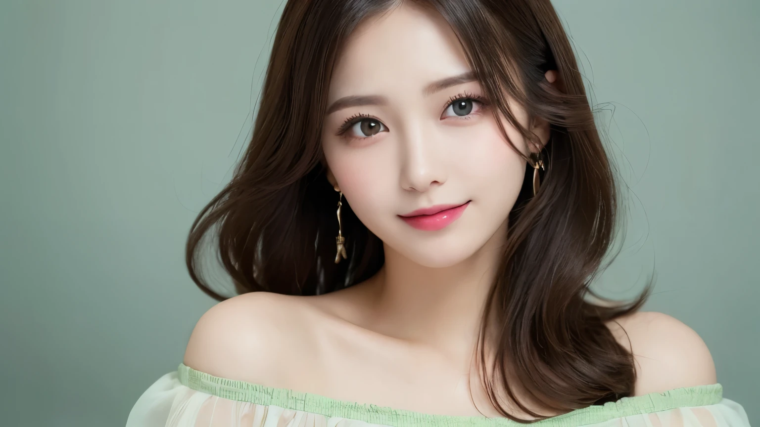 table top, highest quality, shape, Super detailed, finely, High resolution, 8k wallpaper, Perfect dynamic shape, beautiful and detailed eyes, D cup, natural color lip, random sexy pose,smile、20 year old girl、midnight、Beautiful and dense face、perfect and beautiful face,Big eyes、real photos(best image quality),Sheer off-shoulder dress (light green)、looking at camera、Please stand、Do gal makeup,blurred background