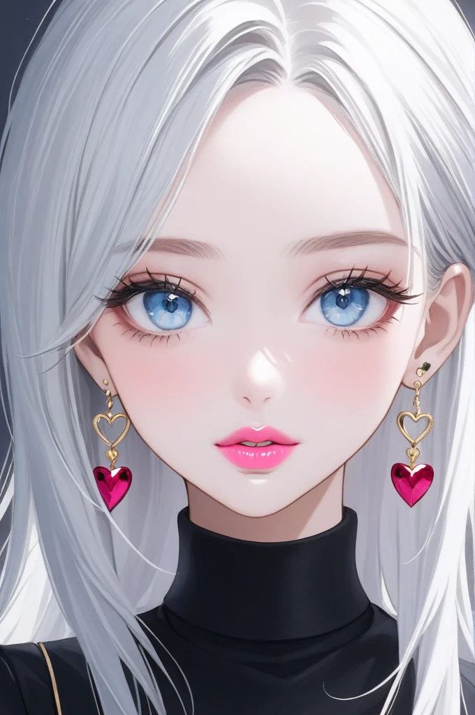 Hot beautiful woman with most beautiful face in world, perfect eyes,big eyelashes,heart shape lips,pink lipstick,sharp jawline,black shiny hair, perfect nose, perfect face,white skin,blush, wearing big jhumka earrings, makeup,hunter eyes ,blue eyes,white hair