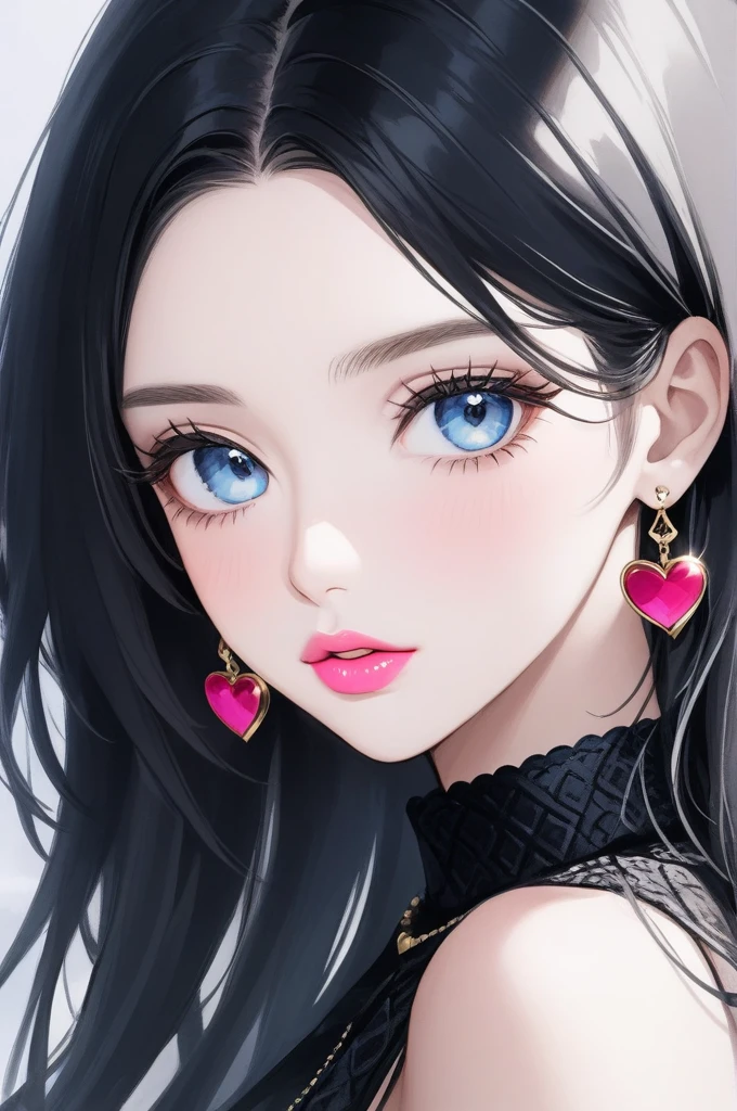Hot beautiful woman with most beautiful face in world, perfect eyes,big eyelashes,heart shape lips,pink lipstick,sharp jawline,black shiny hair, perfect nose, perfect face,white skin,blush, wearing big jhumka earrings, makeup,hunter eyes ,blue eyes,white hair