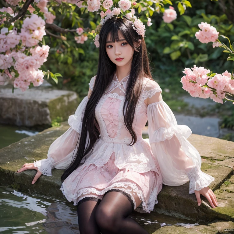 best quality, masterpiece, lifelike, 1 girl, solitary, eternity, black hair, Long curly hair, Bangs, laugh out loud, layered lace skirt,  Puff sleeves, Wide sleeves, Transparent sleeves,  flower, Detailed Background,  Delicate face，pink blush，White，knee socks, pink shoes，cold，lots of lace，((​masterpiece))、(top quality)、8k、high detail、Super detailed、 21 years old female，​masterpiece、born、intricate details showcase the ruffles and intricate designs of the Lolita dress、fair、magic、realism、Visual effects、FXAA、SSAO、Shader、voiceless、ambient lighting、Tone mapping、High resolution、Ultra high quality、Million pixels、(8k resolution:1.10)、8k resolution、high detail、intricate details、 (high quality:1.2、​masterpiece:1.2、:1.21)、(21 years old female），Landscape photos