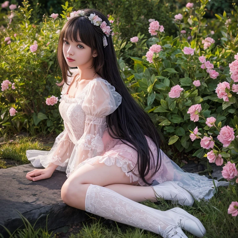 best quality, masterpiece, lifelike, 1 girl, solitary, eternity, black hair, Long curly hair, Bangs, laugh out loud, layered lace skirt, Puff sleeves, Wide sleeves, Transparent sleeves, flower, Detailed Background, Delicate face,pink blush,White,knee socks, pink shoes,cold,lots of lace,((masterpiece))、(top quality)、8k、high detail、Super detailed、 21 years old female,masterpiece、born、intricate details showcase the ruffles and intricate designs of the Lolita dress、fair、magic、realism、Visual effects、FXAA、SSAO、Shader、voiceless、ambient lighting、Tone mapping、High resolution、Ultra high quality、Million pixels、(8k resolution:1.10)、8k resolution、high detail、intricate details、 (high quality:1.2、masterpiece:1.2、:1.21)、(21 years old female),Landscape photos