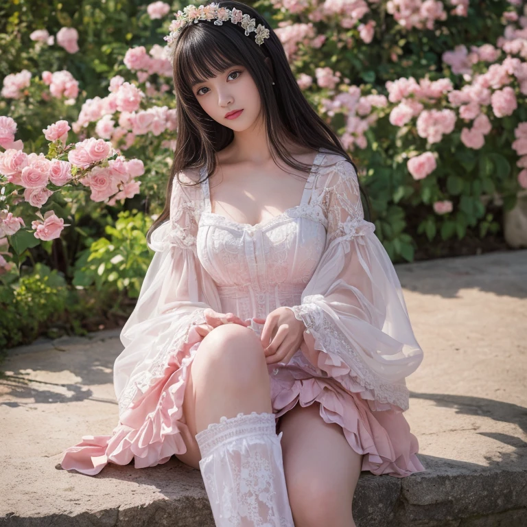 best quality, masterpiece, lifelike, 1 girl, solitary, eternity, black hair, Long curly hair, Bangs, laugh out loud, layered lace skirt,  Puff sleeves, Wide sleeves, Transparent sleeves,  flower, Detailed Background,  Delicate face，pink blush，White，knee socks, pink shoes，cold，lots of lace，((​masterpiece))、(top quality)、8k、high detail、Super detailed、 21 years old female，​masterpiece、born、intricate details showcase the ruffles and intricate designs of the Lolita dress、fair、magic、realism、Visual effects、FXAA、SSAO、Shader、voiceless、ambient lighting、Tone mapping、High resolution、Ultra high quality、Million pixels、(8k resolution:1.10)、8k resolution、high detail、intricate details、 (high quality:1.2、​masterpiece:1.2、:1.21)、(21 years old female），Landscape photos