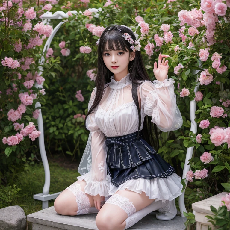 Black Pantyhose、8k, RAW Photos, Highest quality, masterpiece:1.2), masterpiece, Highest quality, shape, Very detailed, The finer details, High resolution, 8k,wallpaper, Perfect dynamic composition,(High quality with attention to detail, Realistic depiction of eyes:1.3)、Hands tied、A woman being tied up、Put your arms around your back、Squatting with legs apart on a forest path、Spread your knees、White panties are visible、Look forward、21talent、beauty、Well-formed face、Even out the eyes、Beautiful black hair、Bangedium Build、Balanced proportions、Beautiful feet、Short sleeve blouse、Long skirt、Sad face、Beautiful views、