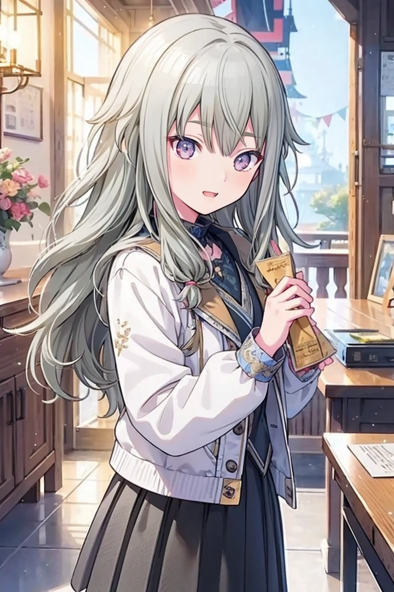 (8k, 最high quality)、Ultra-high resolution、Adorable、最high quality, beautiful, Absurd beauty、masterpiece、Best image quality、(Front facing)、good feeling、smile,Face the camera、Smile、smile、Small face、Adorable満面のsmile, 最high quality、female、Looks 20 years old、1 person、masterpiece, Most detailed、、blazer、skirt、 high quality、Shiny Hair、非常に細かくてbeautiful明るい目、Medium chest、nose blush、非常に精細でクリアでbeautiful顔, Awards, (Anatomically correct)、The whole body is visible、Focus on the face、Sitting
