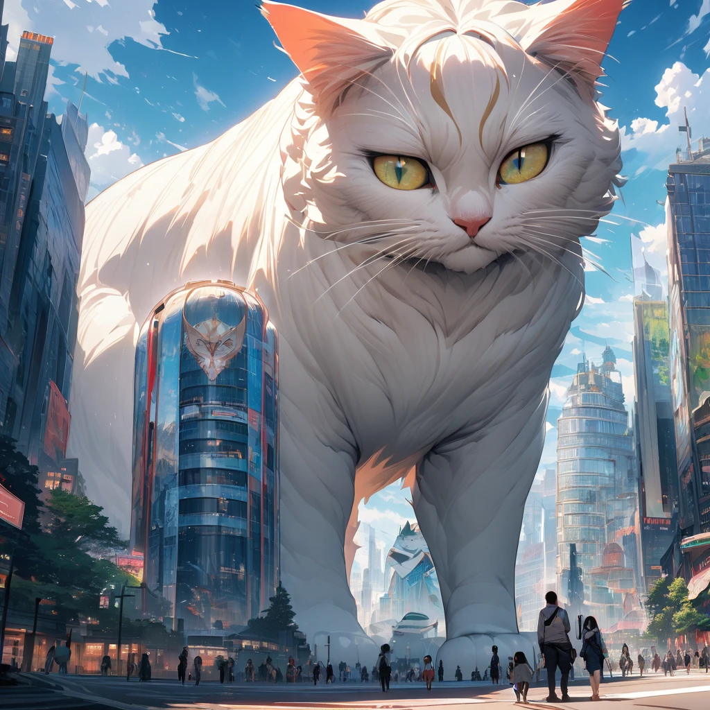 Masterpiece, ultra detailed, beautiful,Super Saturation, arcadia , Giant cat,size comparison,
