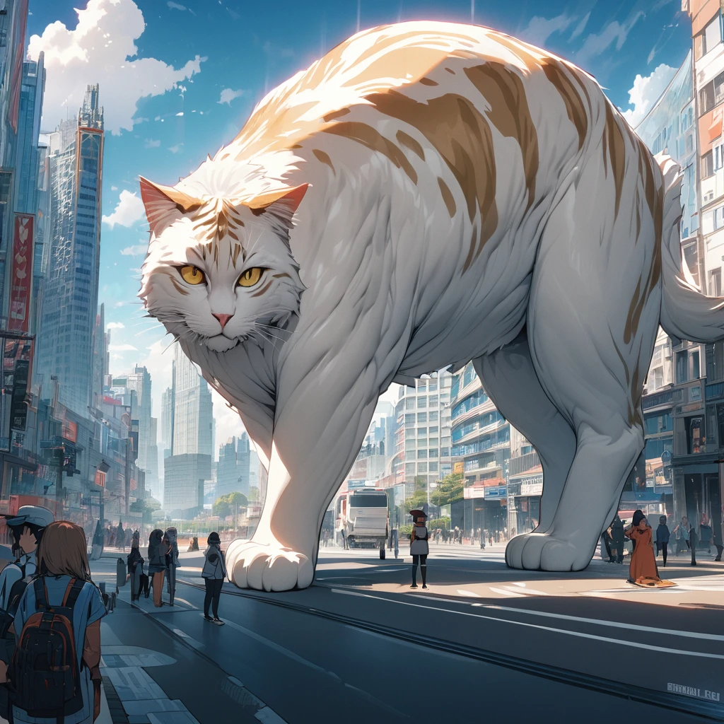 Masterpiece, ultra detailed, beautiful,Super Saturation, arcadia , Giant cat,size comparison,
