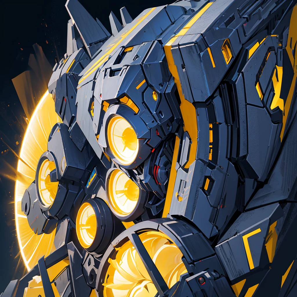 A mecha made of steel,mighty,huge,Shield,A huge mecha flashing yellow light,((Pure black background))