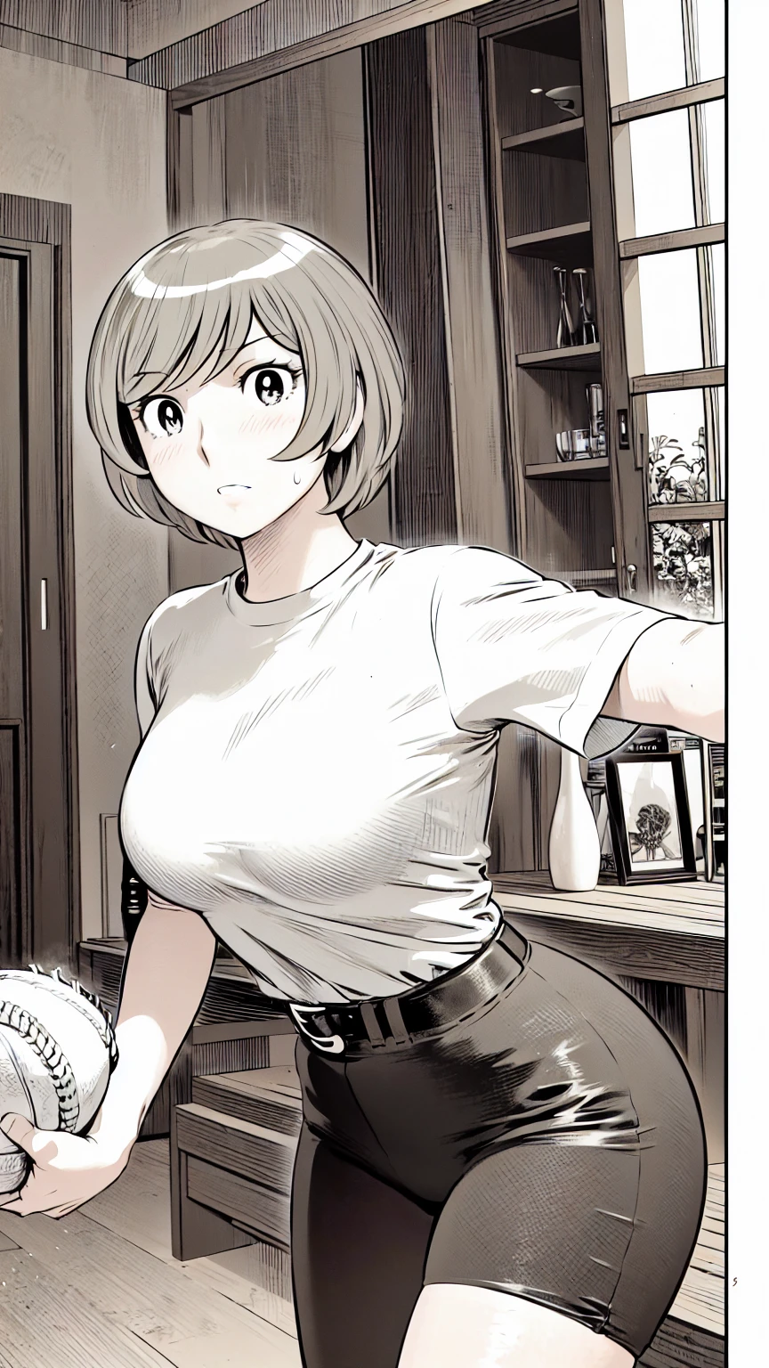 、(masterpiece、Highest quality)、Highest quality, Ultra-high resolution, (((masterpiece))), alone, Sweat、Big eyes,Tight black shirt、Tight white pants、belt、indoor、Composition from the front、(Cut the back hair short、short hair、blonde、woman)、Shortcuts、Embarrassed face、Cut your hair short、可愛いwomanの子、Big Breasts、Inside the room、Full Color、Baseball uniform