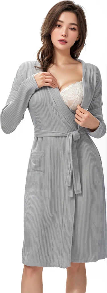 a woman in a gray robe and white bra top posing for a picture, very crisp details, perfect detail, crisp details, close up details, grey robe, grey, subtle details, lots of details, multiple details, very sharp details, subtle detailing, award - winning details, finely detailed features, crisp smooth clean lines, powerful detail, light grey, robes