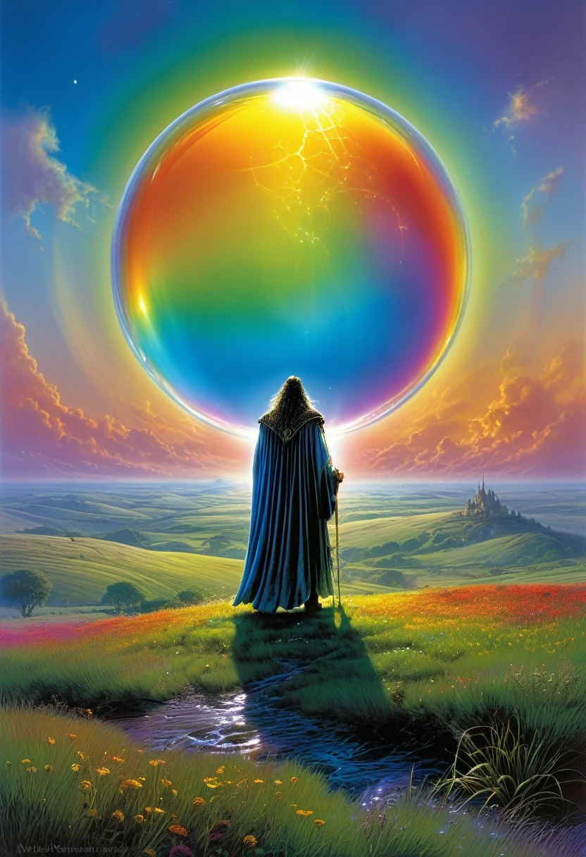 the sorcerer standing in the field, completely covered himself with a transparent dome, shimmering with all the colors of the rainbow, thin as a soap bubble, but stronger than steel, protecting from the approaching monster. highly detailed, ultra realistic, digital painting, dramatic lighting, perfect composition, beautiful detailed, intricate insanely detailed, Michael Whelan, Keith Parkinson, Ciruelo Cabral, Luis Royo