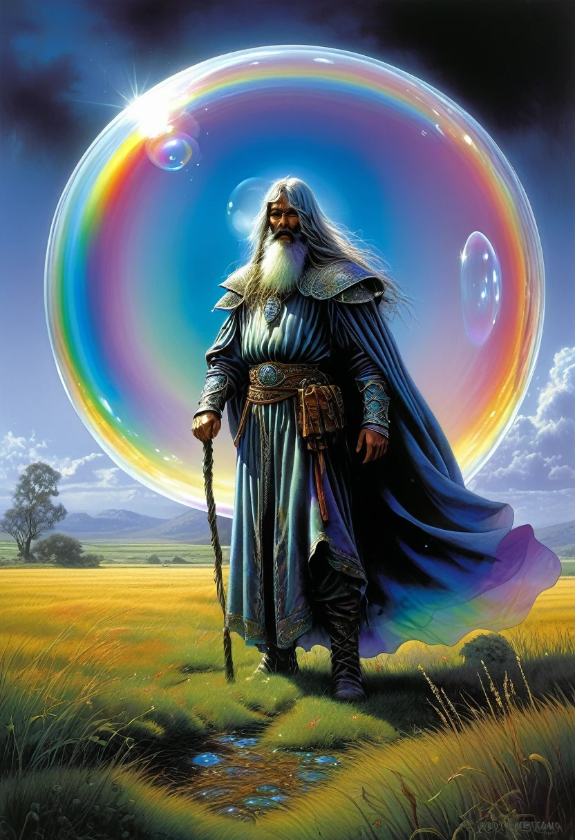 the sorcerer standing in the field, completely covered himself with a transparent dome, shimmering with all the colors of the rainbow, thin as a soap bubble, but stronger than steel, protecting from the approaching monster. highly detailed, ultra realistic, digital painting, dramatic lighting, perfect composition, beautiful detailed, intricate insanely detailed, Michael Whelan, Keith Parkinson, Ciruelo Cabral, Luis Royo