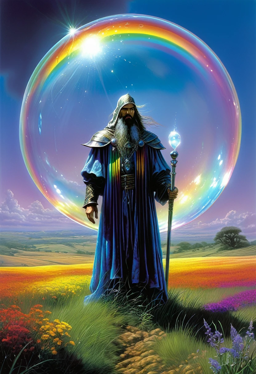 the sorcerer standing in the field, completely covered himself with a transparent dome, shimmering with all the colors of the rainbow, thin as a soap bubble, but stronger than steel, protecting from the approaching monster. highly detailed, ultra realistic, digital painting, dramatic lighting, perfect composition, beautiful detailed, intricate insanely detailed, Michael Whelan, Keith Parkinson, Ciruelo Cabral, Luis Royo