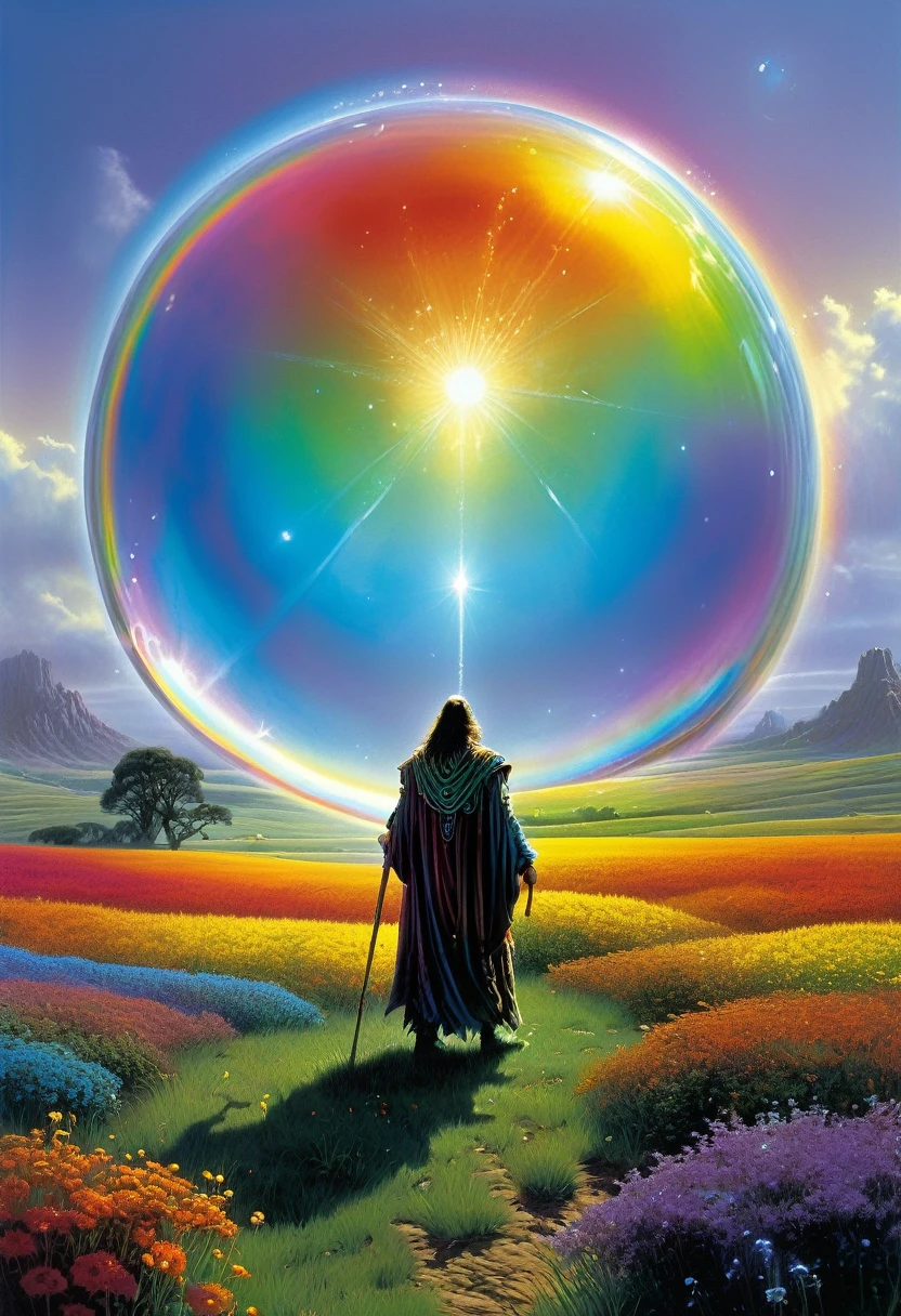 the sorcerer standing in the field, completely covered himself with a transparent dome, shimmering with all the colors of the rainbow, thin as a soap bubble, but stronger than steel, protecting from the approaching monster. highly detailed, ultra realistic, digital painting, dramatic lighting, perfect composition, beautiful detailed, intricate insanely detailed, Michael Whelan, Keith Parkinson, Ciruelo Cabral, Luis Royo