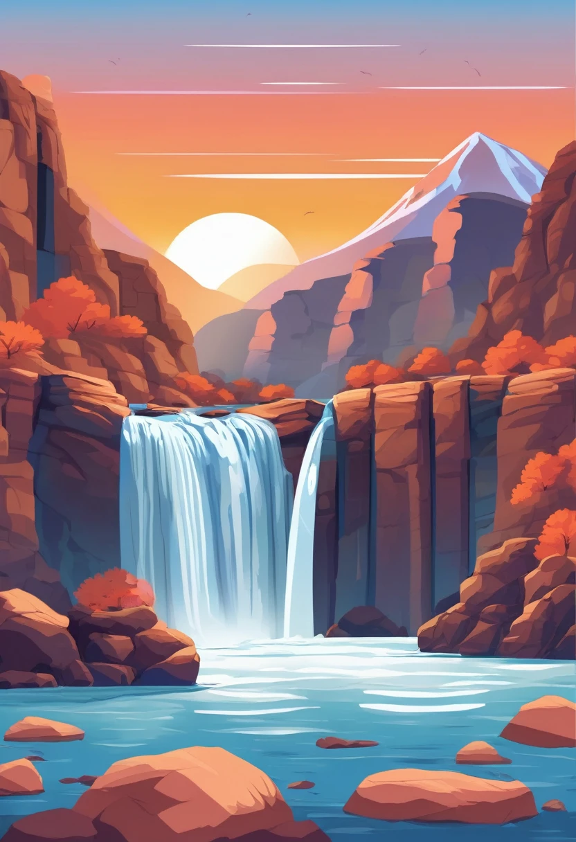 Waterfall flowing out of the canyon,Gather into streams,There are stones of different sizes around,There are a few small fish in the water.,There is a sunset on the distant mountain,Vector illustration,The screen should have multiple colors,8k,high quality,The Minimalists,Illustration style,Pure white background,