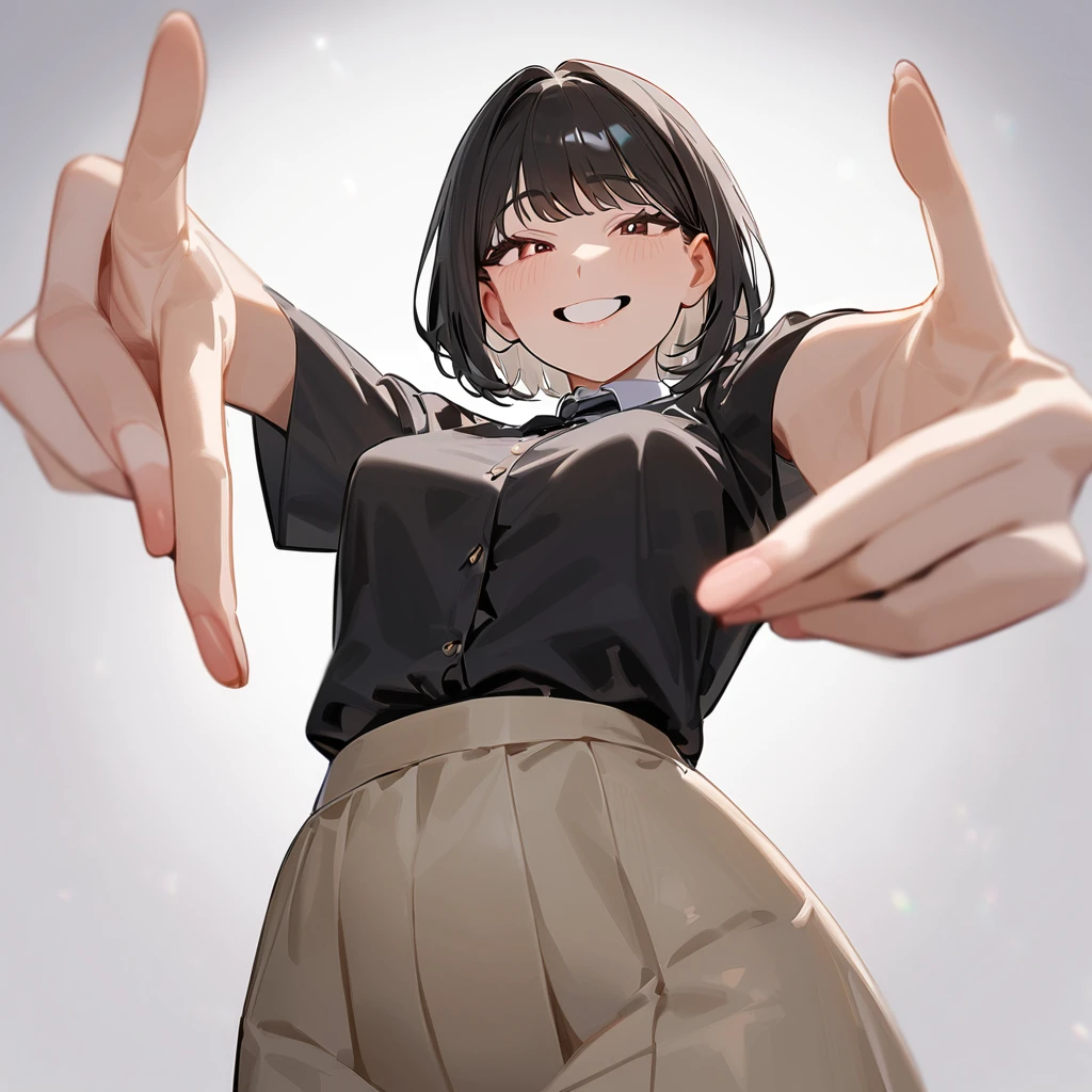 masterpiece, Highest quality, so beautiful, Absurd,
One girl, alone, Black Hair, Bobcut,
Thermont 16A, Glasses, 
Collared shirt, Happy, smile, Sticking out tongue、whole body、View your viewers, White Background, Simple Background,被写体のwhole bodyが映る、(From below:1.3)、Crossdresser、Transsexual、NSFW
 