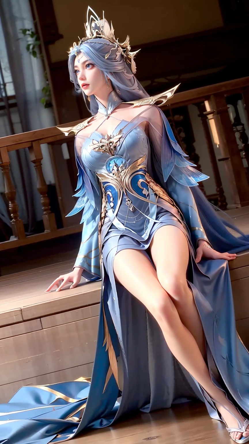 a beautiful young woman with long hair, wearing a nightgown, sitting on a bed, barefoot, in a dress, lying on her side, cross-legged, full body shot, (best quality,4K,8k,highres,masterpiece:1.2),ultra-detailed,(realistic,photorealistic,photo-realistic:1.37),beautiful detailed eyes,beautiful detailed lips,extremely detailed eyes and face,longeyelashes,natural lighting,warm tones,soft focus,portraits,clair obscur,depth of field,(((Light blue long hair)))
