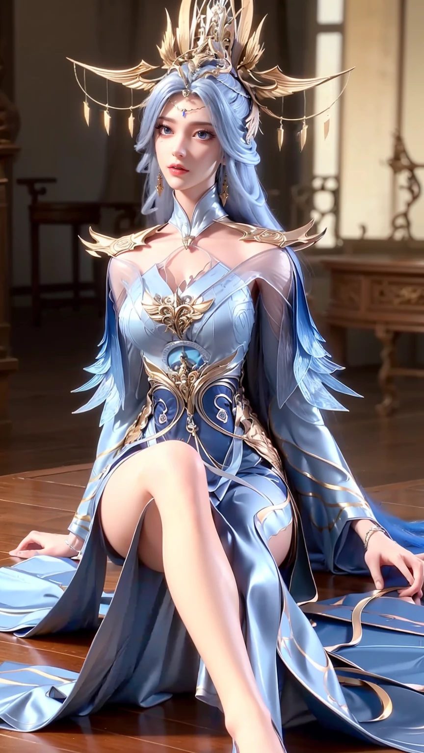 a beautiful young woman with long hair, wearing a nightgown, sitting on a bed, barefoot, in a dress, lying on her side, cross-legged, full body shot, (best quality,4K,8k,highres,masterpiece:1.2),ultra-detailed,(realistic,photorealistic,photo-realistic:1.37),beautiful detailed eyes,beautiful detailed lips,extremely detailed eyes and face,longeyelashes,natural lighting,warm tones,soft focus,portraits,clair obscur,depth of field，(((Light blue long hair)))