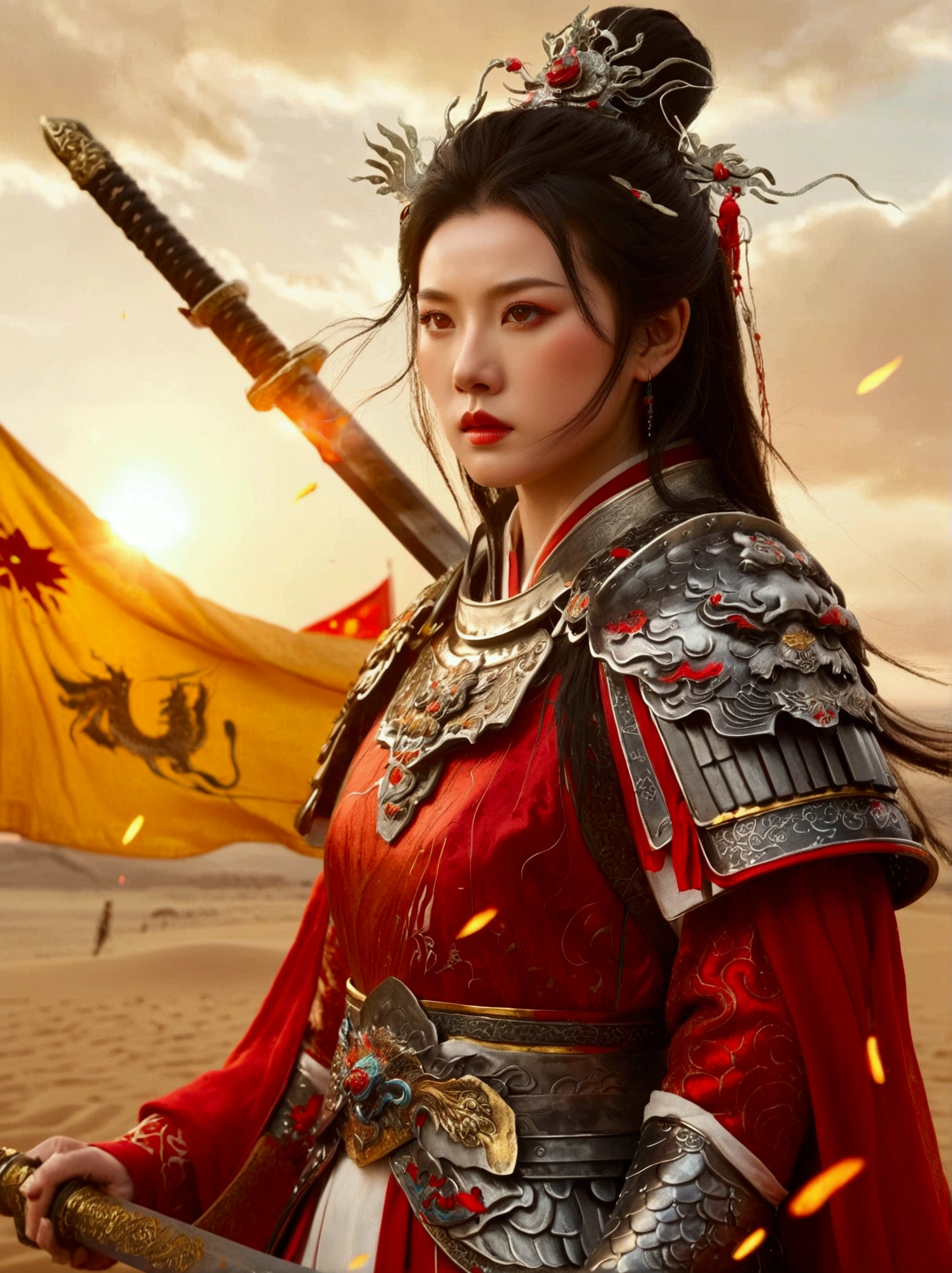 Chinese, Ancient battlefield, Chinese female general, holding a sword in her hand, Serious expression, whole body, Stunning facial features, Red robe, armor, boots, Yellow sand in the sky, Fire, Game Model, Stunning lighting, OC Rendering, Rim Light, Exquisite lighting, Very detailed, Epic creation, Ultra HD, best quality, masterpiece, high quality, 8k