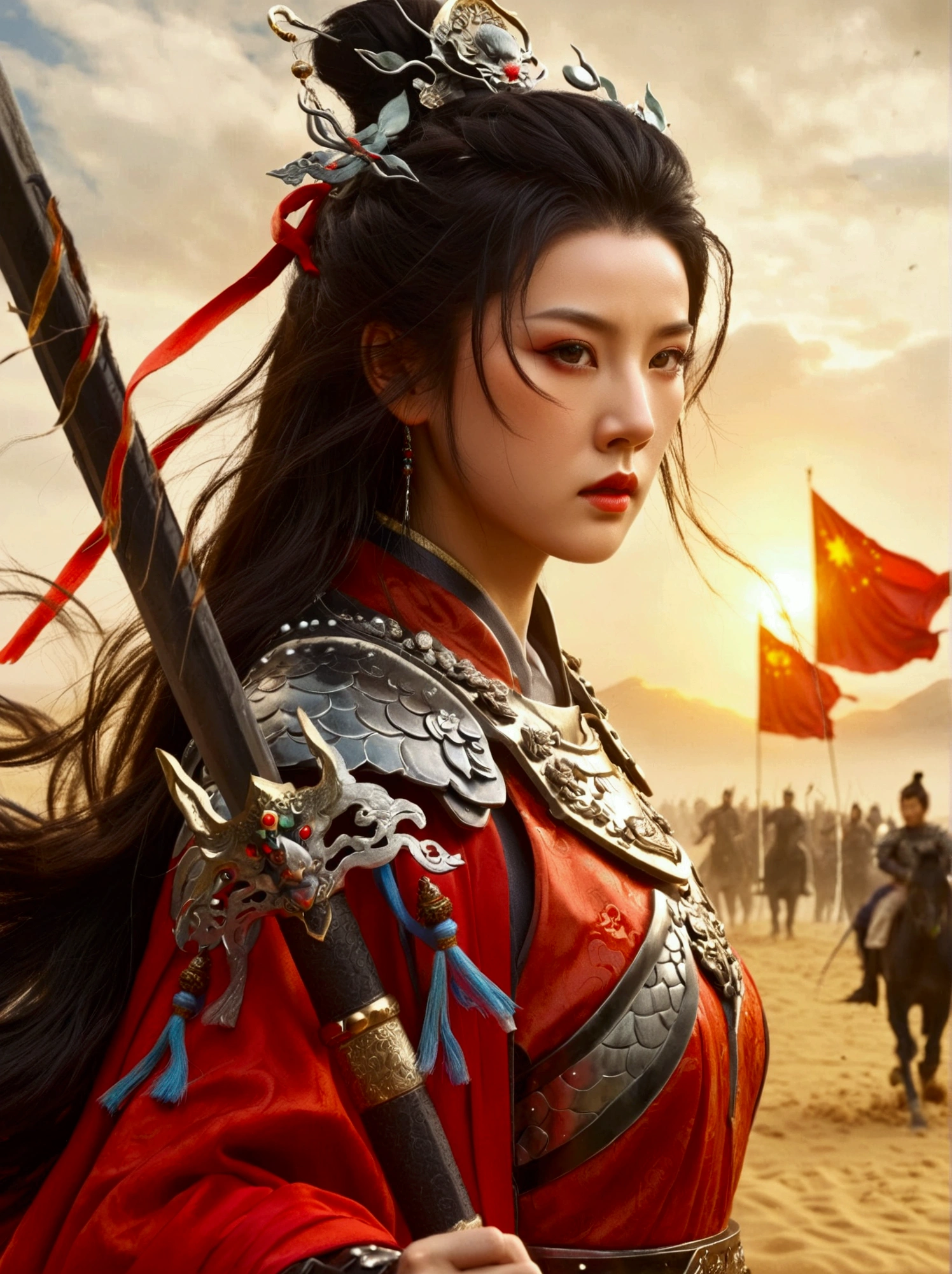 Chinese, Ancient battlefield, Chinese female general, holding a sword in her hand, Serious expression, whole body, Stunning facial features, Red robe, armor, boots, Yellow sand in the sky, Fire, Game Model, Stunning lighting, OC Rendering, Rim Light, Exquisite lighting, Very detailed, Epic creation, Ultra HD, best quality, masterpiece, high quality, 8k