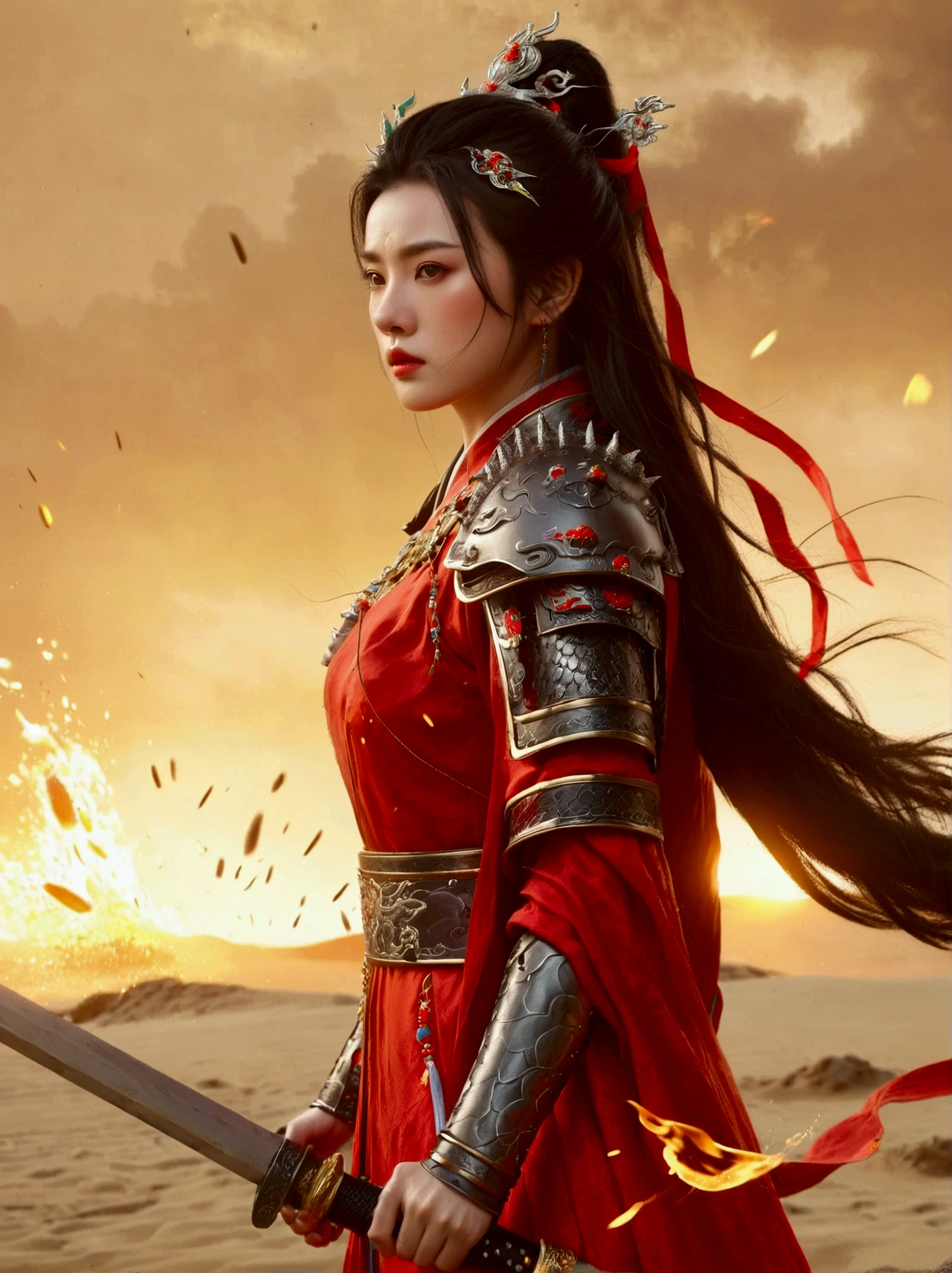 Chinese, Ancient battlefield, Chinese female general, holding a sword in her hand, Serious expression, whole body, Stunning facial features, Red robe, armor, boots, Yellow sand in the sky, Fire, Game Model, Stunning lighting, OC Rendering, Rim Light, Exquisite lighting, Very detailed, Epic creation, Ultra HD, best quality, masterpiece, high quality, 8k