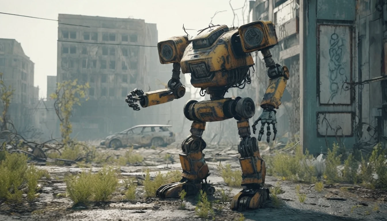 An abandoned robot(:2.2), (best quality, 4k, 8k, high resolution, masterpiece: 1.2), ultra-detailed (realistic, photorealistic, photorealistic: 1.37) with rusty metal textures, broken joints and faded paint. The robot remains standing. In an overgrown and decaying city, surrounded by ruined buildings and tangled vines. Sunlight filters through the hazy atmosphere, casting a soft, diffuse light on the scene. The colors are muted and desaturated, with a post-apocalyptic color tone. The covered ground and cracked pavement add to the desolate atmosphere. There are remnants of a once-thriving civilization, such as crumbling billboards and abandoned vehicles. The abandoned robot appears worn and aged, its exposed wires and gears indicating its abandonment. "The scene evokes a sense of mystery and nostalgia, as if a once-great machine has been left broken in a forgotten world."