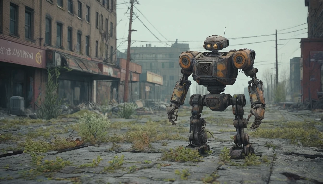 An abandoned robot(:2.2), (best quality, 4k, 8k, high resolution, masterpiece: 1.2), ultra-detailed (realistic, photorealistic, photorealistic: 1.37) with rusty metal textures, broken joints and faded paint. The robot remains standing. In an overgrown and decaying city, surrounded by ruined buildings and tangled vines. Sunlight filters through the hazy atmosphere, casting a soft, diffuse light on the scene. The colors are muted and desaturated, with a post-apocalyptic color tone. The covered ground and cracked pavement add to the desolate atmosphere. There are remnants of a once-thriving civilization, such as crumbling billboards and abandoned vehicles. The abandoned robot appears worn and aged, its exposed wires and gears indicating its abandonment. "The scene evokes a sense of mystery and nostalgia, as if a once-great machine has been left broken in a forgotten world."
