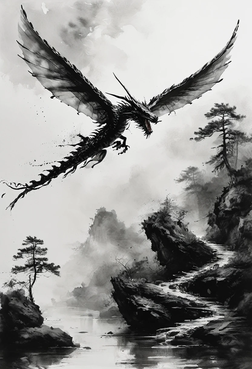 A dragon flies through the air，In the style of colorful ink painting，Gesture markers，Light black and gray，Humorous animal scenes，striking scenery，Clear framework