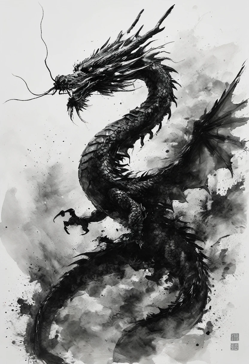 A dragon flies through the air,In the style of colorful ink painting,Gesture markers,Light black and gray,Humorous animal scenes,striking scenery,Clear framework