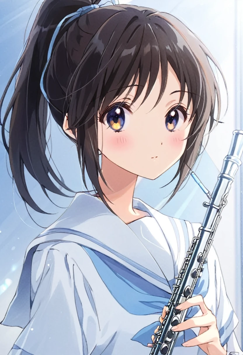 Dark brown and black hair、High ponytail、(/Nozomi Kasagi\)、1 person、Single person,独奏,Anime characters、girl、Expressionless、Emotionless facial expression、Silver flute、Playing the flute、Upper body only、Sailor suit with light blue collar、A white sailor suit with a light blue ribbon