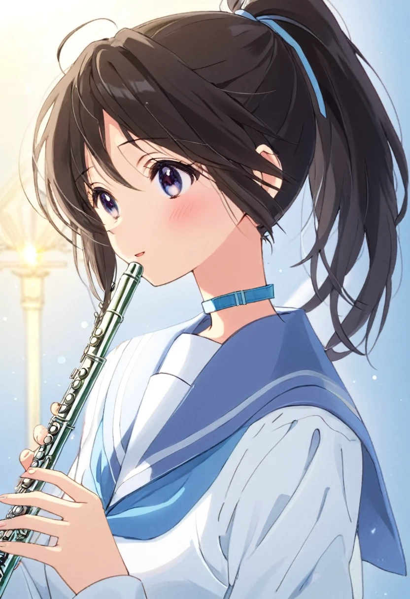 Dark brown and black hair、High ponytail、(/Nozomi Kasagi\)、1 person、Single person,独奏,Anime characters、girl、Expressionless、Emotionless facial expression、Silver flute、Playing the flute、Upper body only、Sailor suit with light blue collar、A white sailor suit with a light blue ribbon