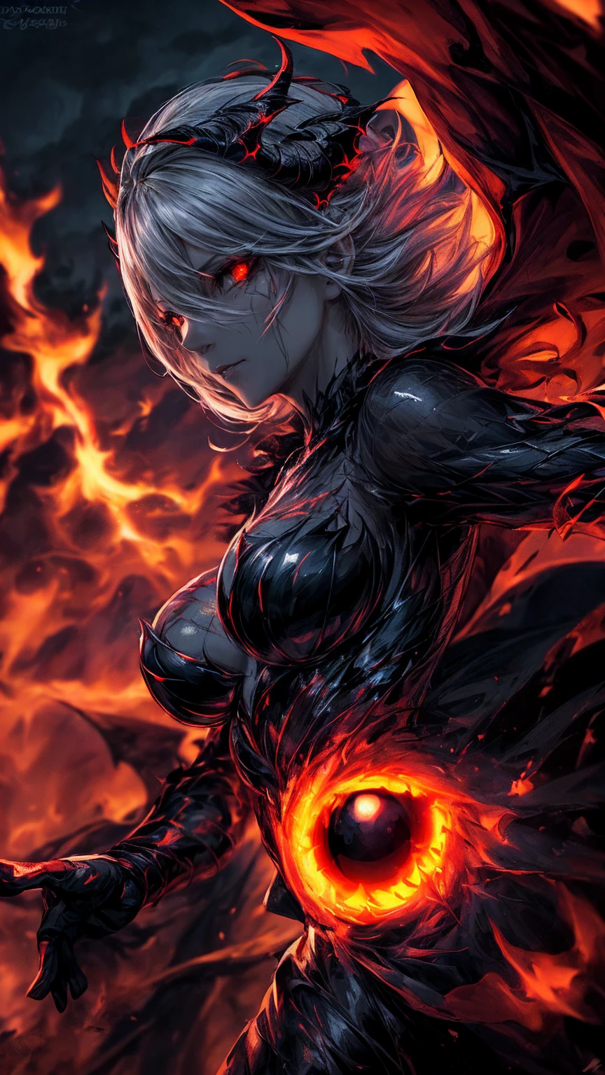 Storyboard, masterpiece, highest quality, dragonlady queen, perfect demoness, bright red glowing eyes, detailed eyes (1.4), scars on face, villainous expression, flaming skin body with bioluminescent glowing pattern, ready for battle, blurred stormy background, dark atmosphere, lighting in background,full body,