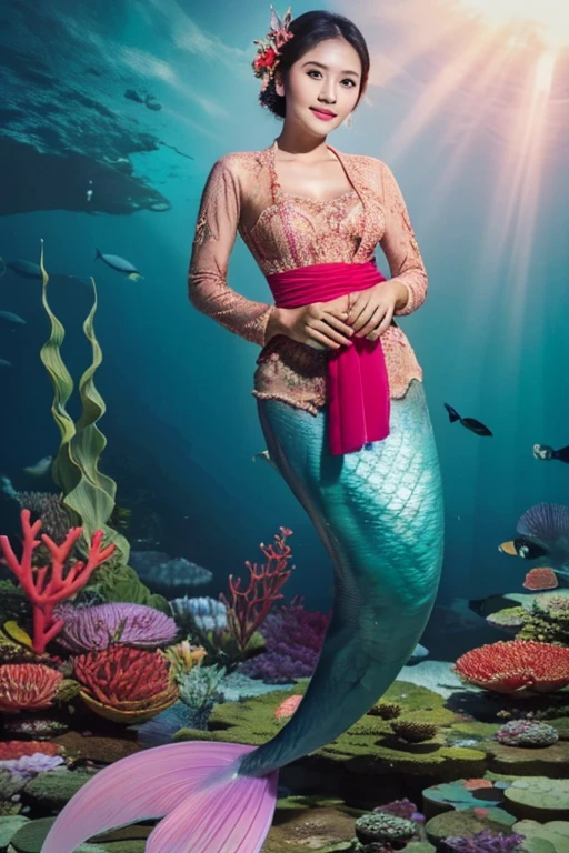 mermaid, mermaid swim underwater sea, coral, fish, mermaid wear balinese kebaya, mermaid tail below waistline, sea, a mermaid wearing sexy bali kebaya , sexy bali kebaya, large breasts, cleavage,  red lips,