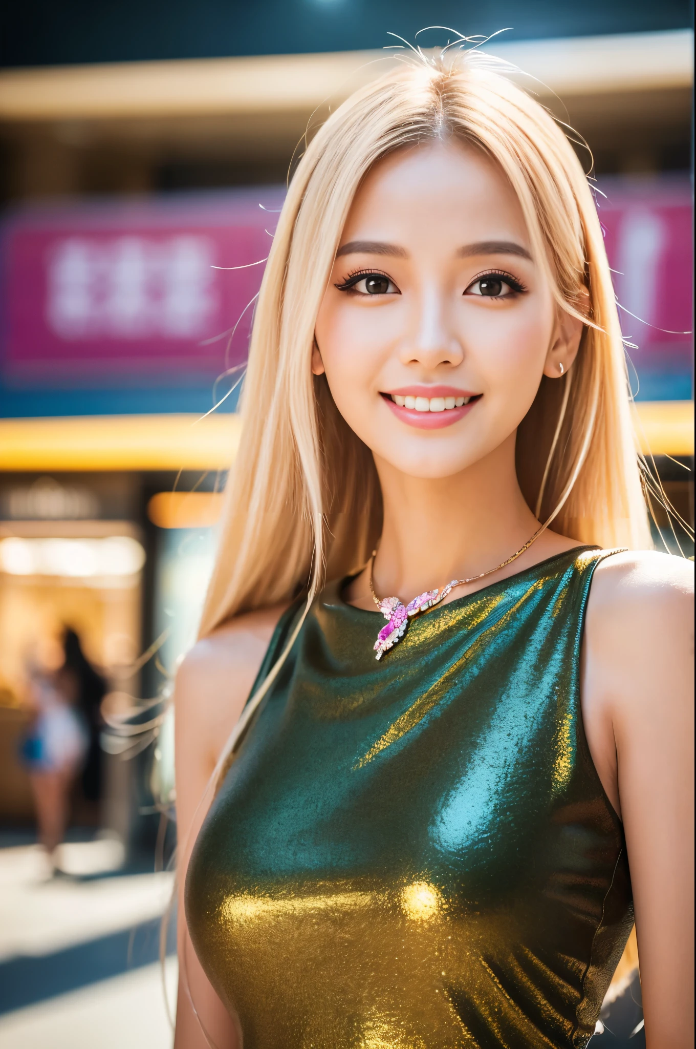 (best quality, 4k ,8k, highres, masterpiece:1.2), ultra-detailed, (realistic, photorealistic, photo-realistic:1.37), closeup, beautiful Thai woman, (slim girl), (happy smile), long lashes, beautiful makeup, platinum blonde hair, fair skin, slender figure, elegant posture, wearing large sparkling colorful jewelery, wearing a business style leather dress, standing in a large shopping mall, gentle sunlight shining through the shopping mall windows, casting a soft glow on her face, adding warmth to the scene, vibrant colors, capturing the essence of vibrant city life, portrait style, showcasing her natural beauty and grace in a feminine way