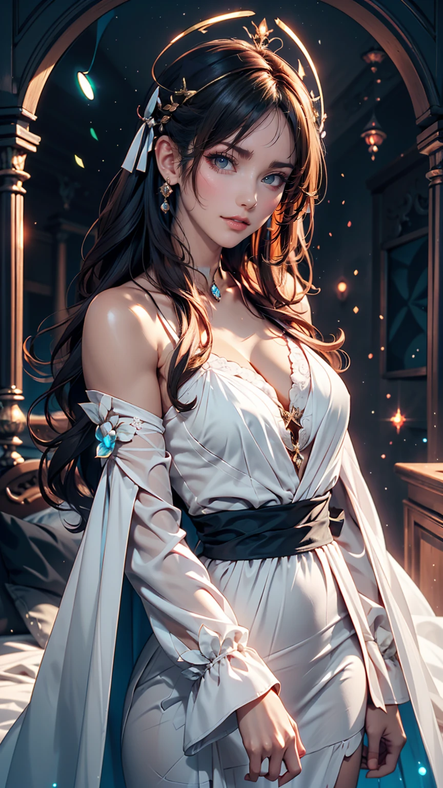 masterpiece, Highest quality, Julia Fe, One girl, alone, Long Hair, View your viewers, blush, smile, Negative Space, (Bioluminescence:1.2), darkness, Dark Background, Long sleeve, dress, Exposing shoulders, Medium chest, very Long Hair, Wide sleeves, Cape, white dress, Circlet