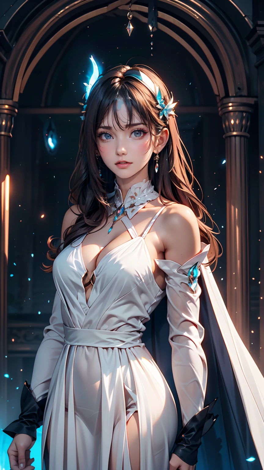 masterpiece, Highest quality, Julia Fe, One girl, alone, Long Hair, View your viewers, blush, smile, Negative Space, (Bioluminescence:1.2), darkness, Dark Background, Long sleeve, dress, Exposing shoulders, Medium chest, very Long Hair, Wide sleeves, Cape, white dress, Circlet