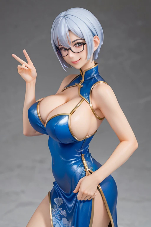 Figure of a mature woman, blue short hair, big breast, sweaty cleavage, smile, china dress, glasses