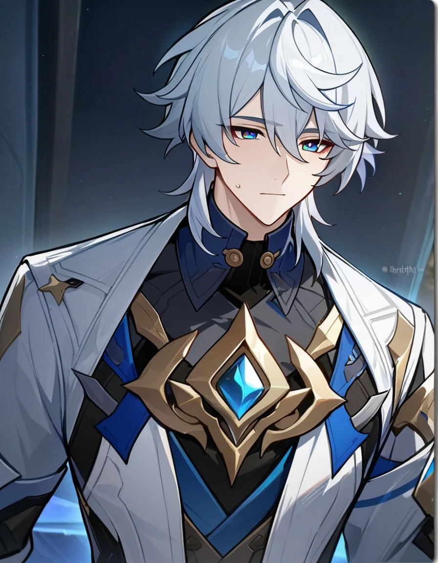 1 male, short hair, white hair, blue eyes, sunday(honkai:star_rail) clothes, (best quality,4k,highres,masterpiece:1.2), teenager, sligtly muscular