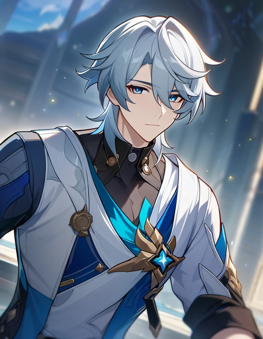 1 male, short hair, white hair, blue eyes, sunday(honkai:star_rail) clothes, (best quality,4k,highres,masterpiece:1.2), teenager, sligtly muscular