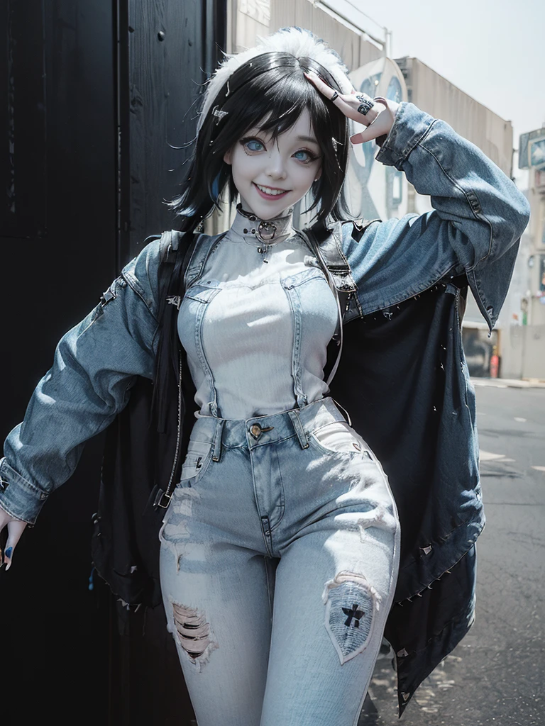 (whole body:1.4)、(Smiling with teeth showing:1.3),(Shibuya Gal:1.5)、(Hollywood actress:1.4)、(Gothic Fashion:1.5)、(Punk rock visual kei:1.3)、(Futuristic black baby doll, white and denim:1.5)、(A delicate beige and white rider's jacket in light blue, black and white denim.:1.5)、(denim garter belt:1.5)、(Denim and white cargo pants:1.3)、(Heart-shaped silver accessories:1.5)、(Brown Skin Belt:1.4)、(Blue High Heels:1.4)、(Lace underwear:1.4)、20-year-old、Browsing Caution,((Highest quality、In 8K、masterpiece:1.3))、Sharp focus:1.2、(Layered Cut、Beautiful boobs:1.1),Beautiful woman with perfect figure:1.4、(Doing an aerobics pose:1.3)、Slim Abs:1.2、Butt、Highly detailed face and skin texture、Fine grain、double eyelid,(Twin tails:1.3)、(Black brown hair:1.3)、Obscene、Idol Sculpture、(The background is the gorgeous Academy Awards red carpet:1.3)、(Slimming your legs:1.4)、(Thin thighs:1.4)、(The body is slim:1.3)、(clavicle:1.1)