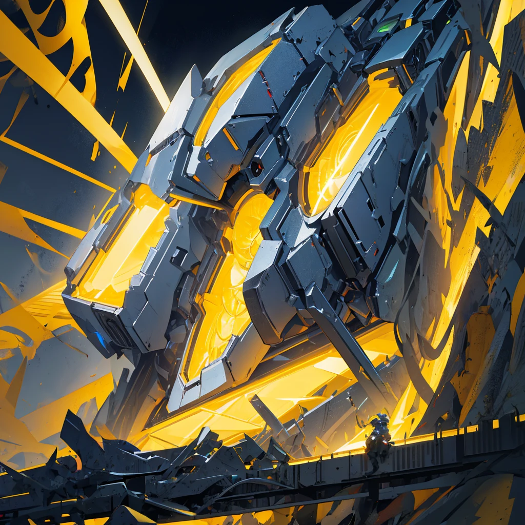 A mecha made of steel,mighty,huge,Shield,A huge mecha flashing yellow light,((Pure black background))