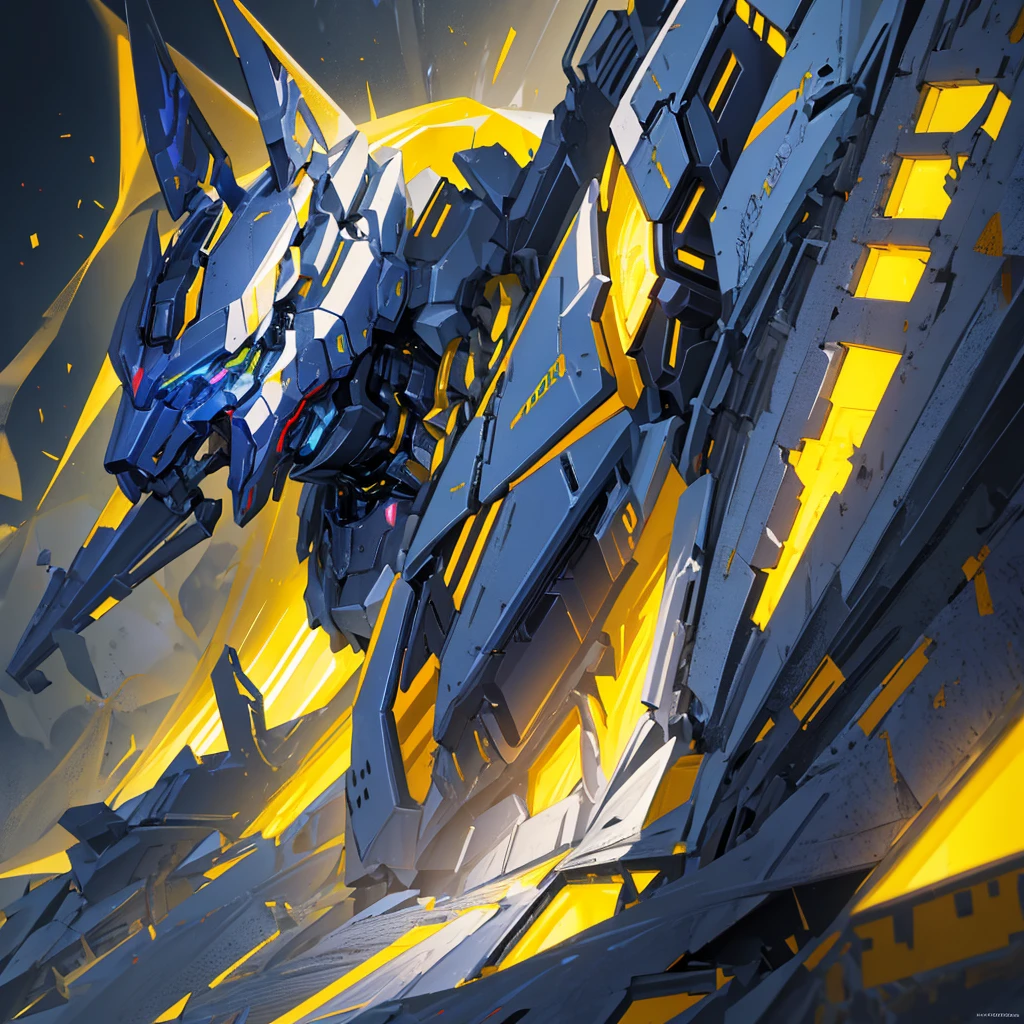A mecha made of steel,mighty,huge,Shield,A huge mecha flashing yellow light,((Pure black background))