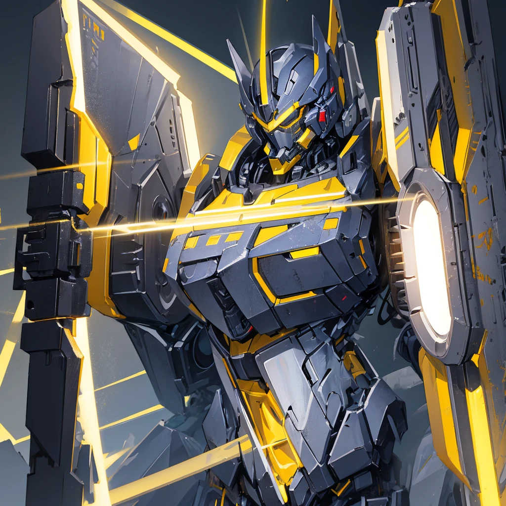 A mecha made of steel,mighty,huge,Shield,A huge mecha flashing yellow light,((Pure black background))